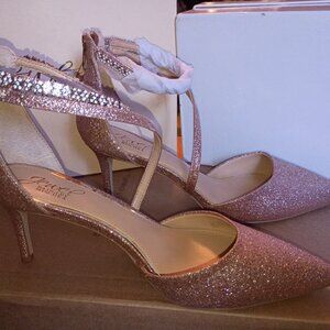Jewel Badgley Mischka Alaia pointed-toe kitten heel pumps in a sparkling rose go